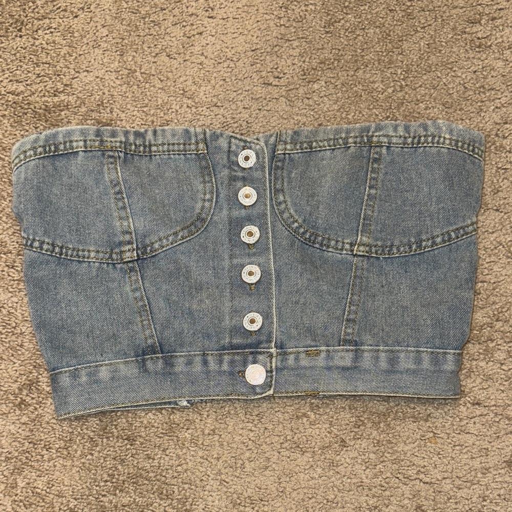 Denim Button-Front Strapless Crop Top - Blue